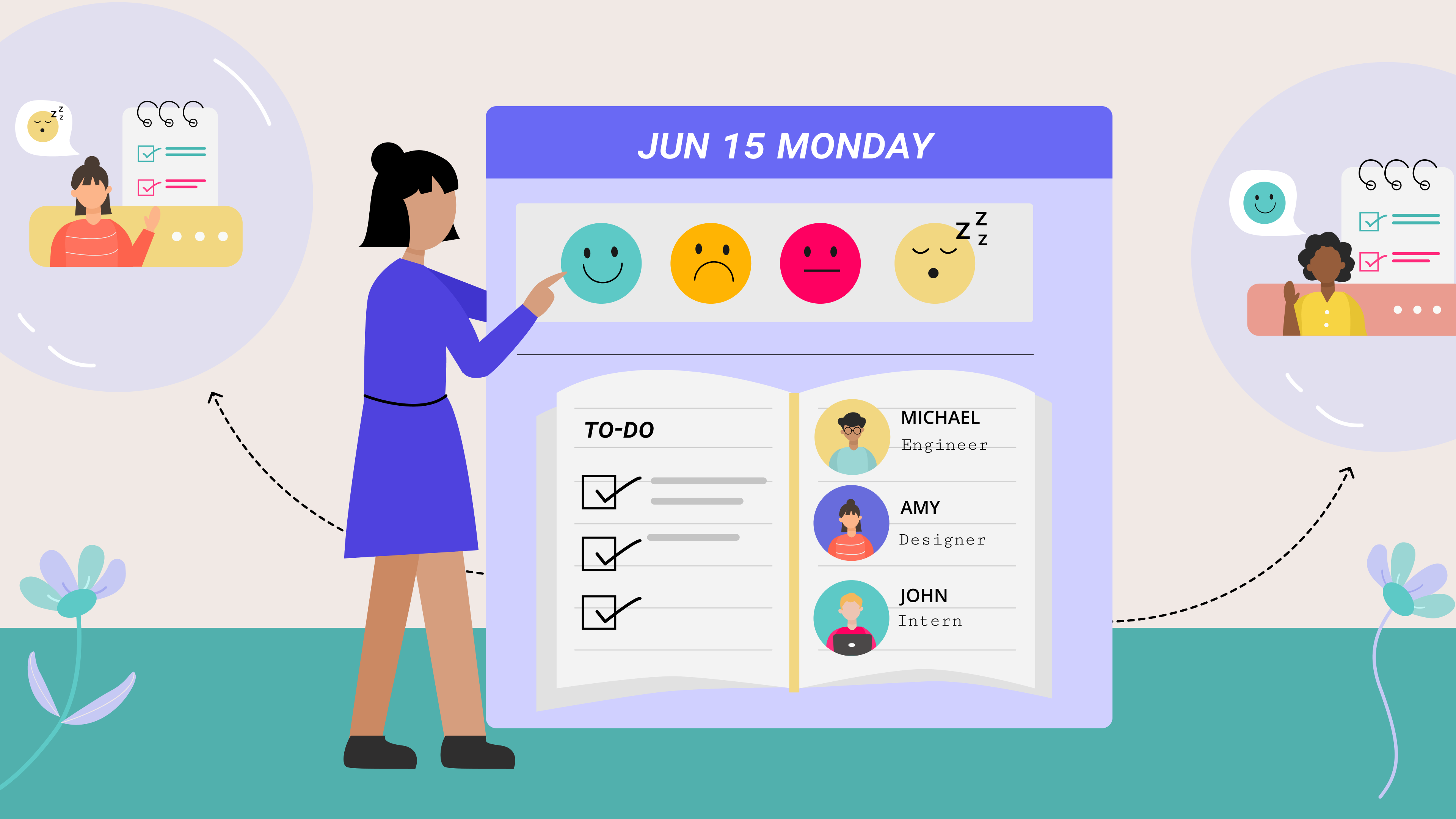 Check-ins include tasks, todos, calendar, and how you're doing