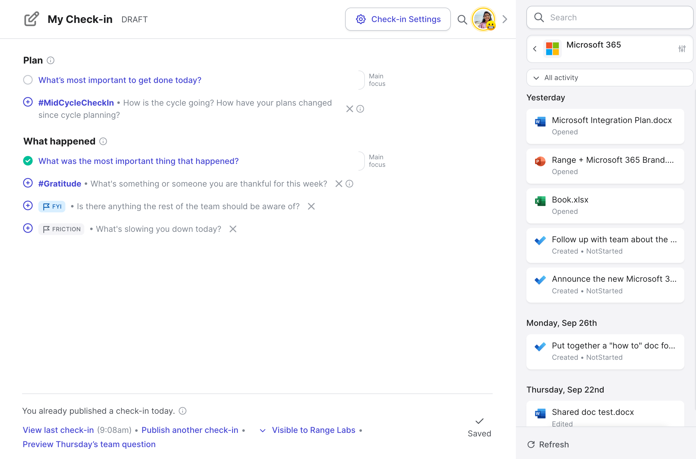 Range Check-in with Microsoft 365 work items in the sidebar