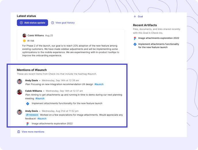 Goal overview page with related artifacts