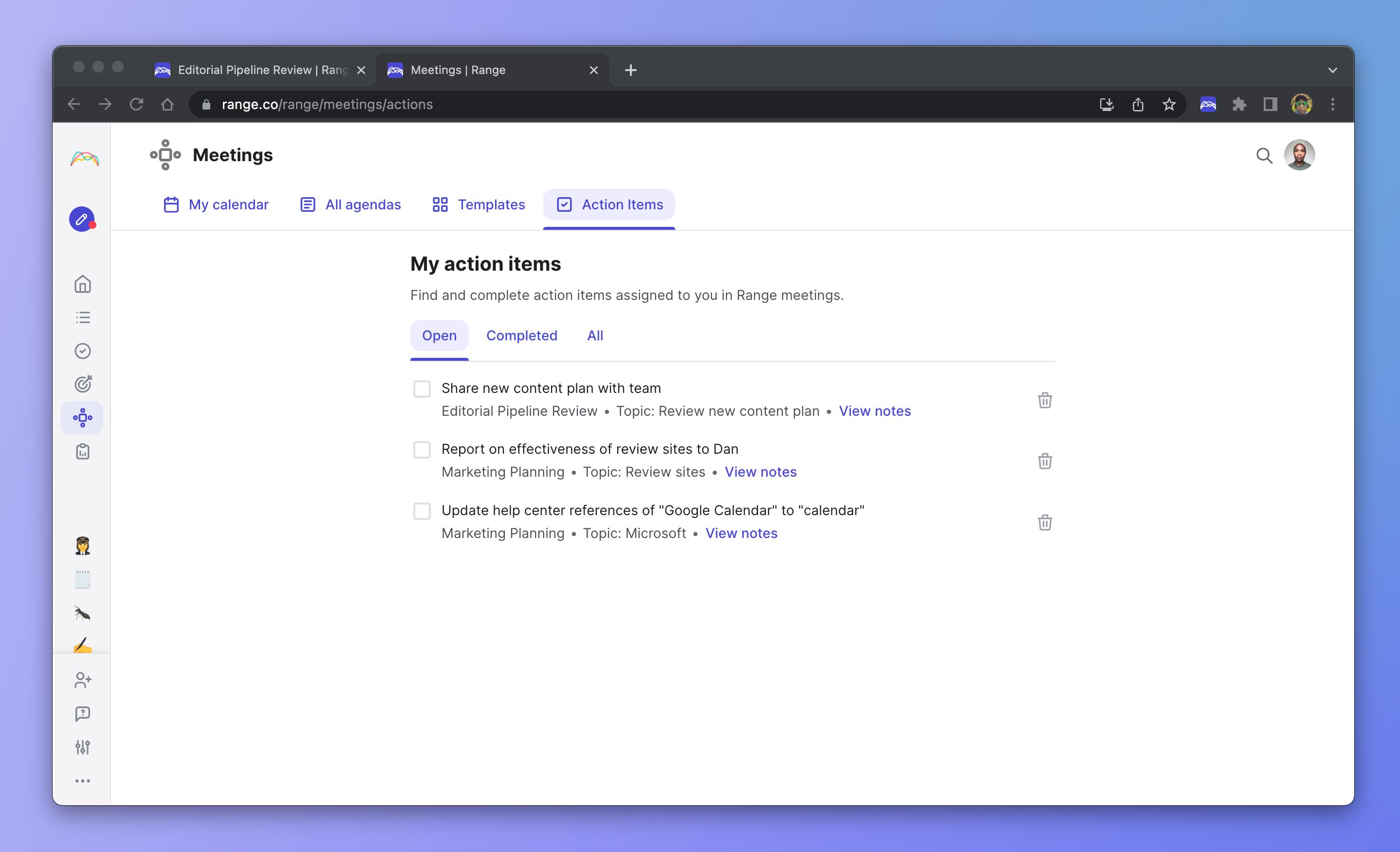 Viewing your meeting action items