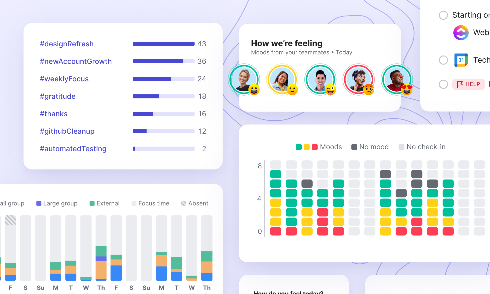 illustration of the team dashboard in Range with graphs of team moods, meeting load, and recently tagged topics