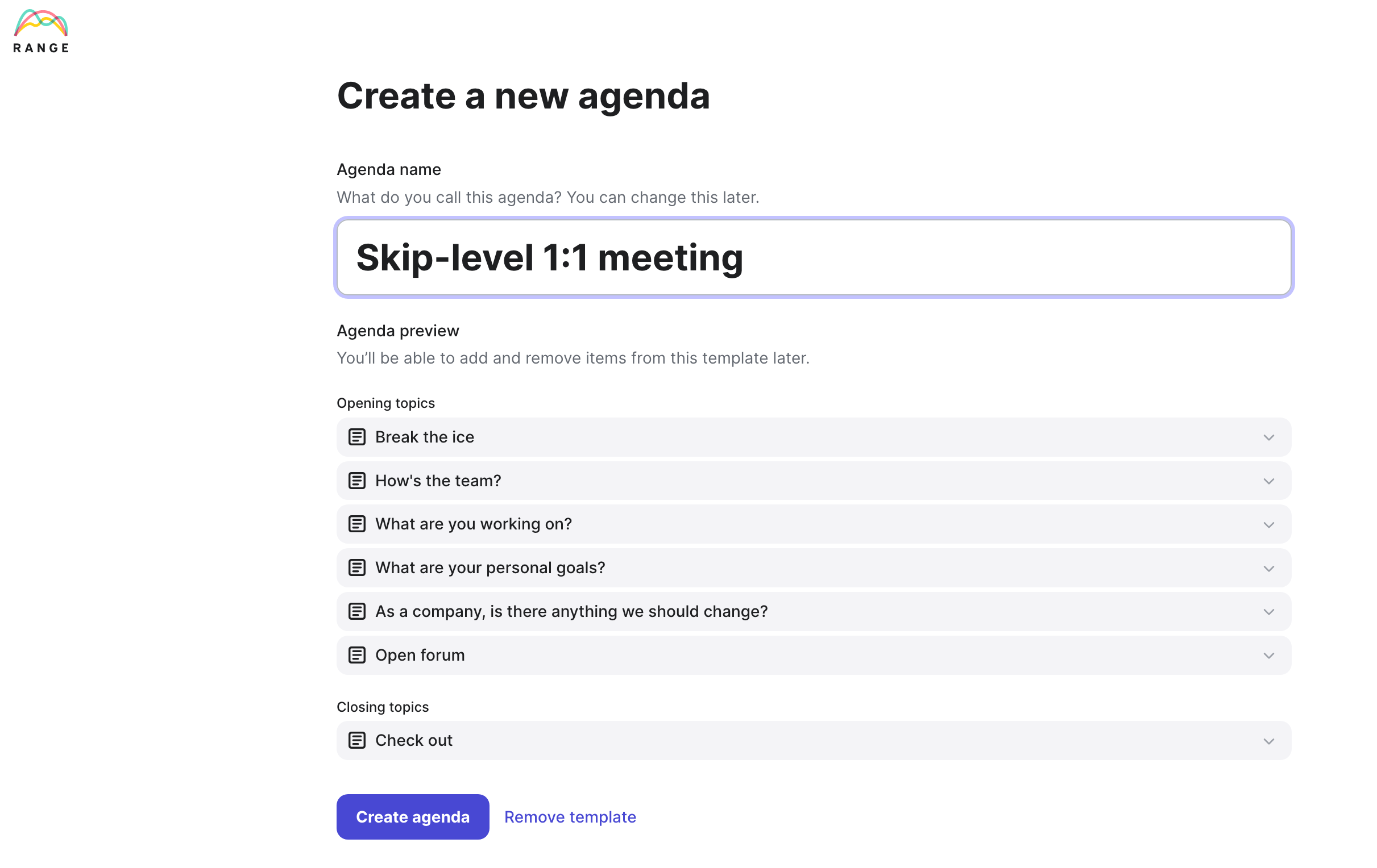 create a new agenda in Range