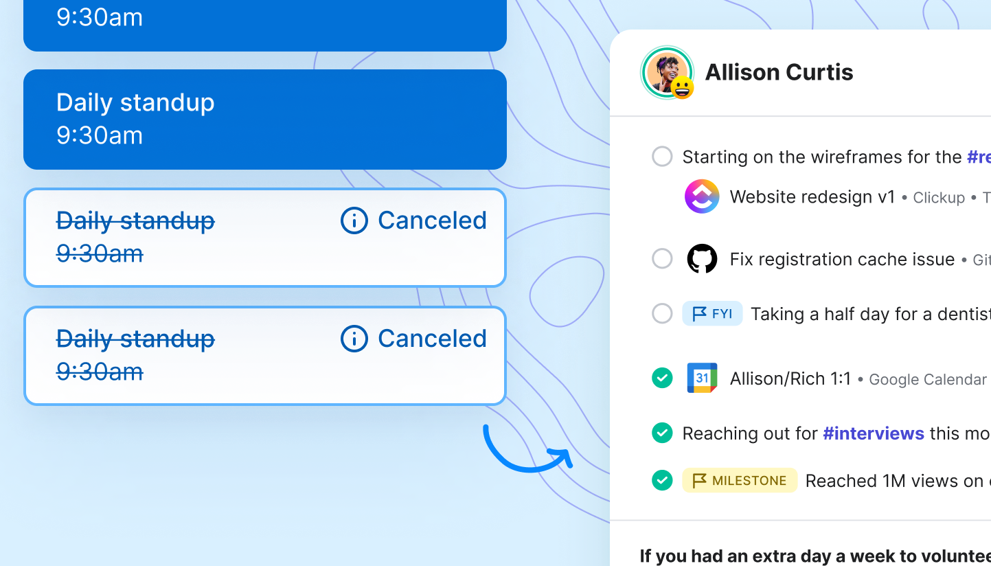 illustration of two canceled daily standup meetings and a Range check-in