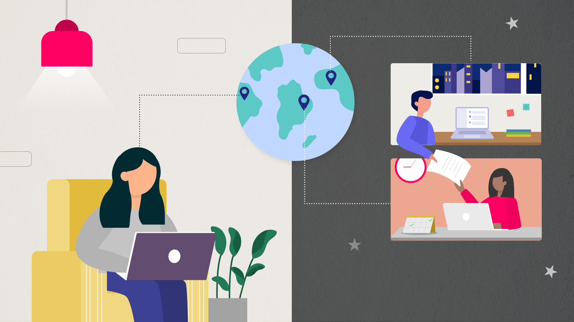 Illustration of remote and distributed workers in different time zones