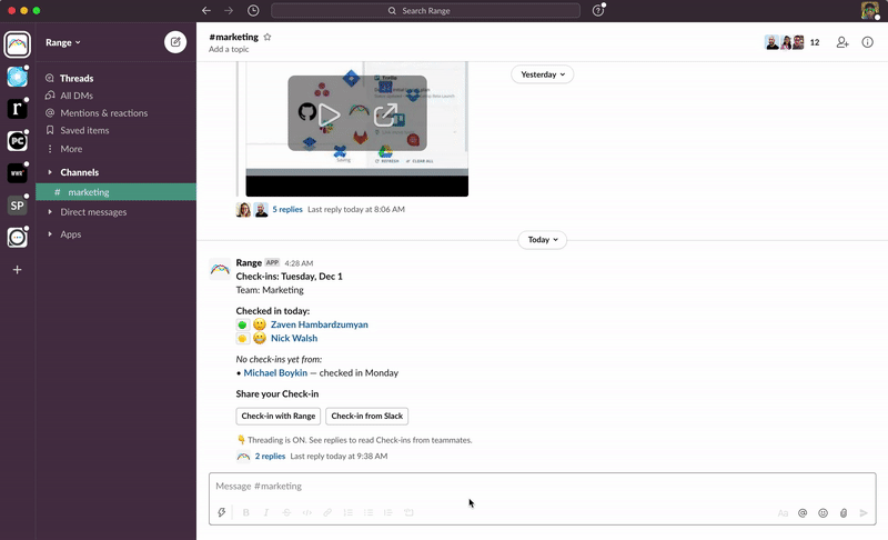 Replying to Range Check-in items from Slack
