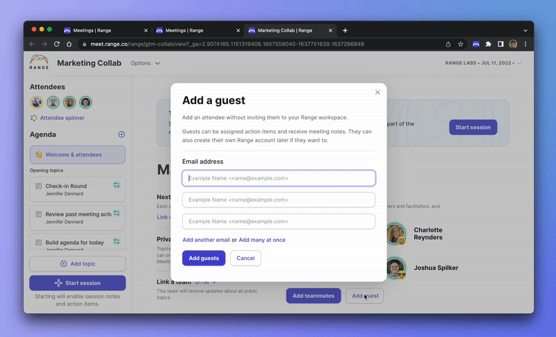 GIF of adding guest to meeting in Range