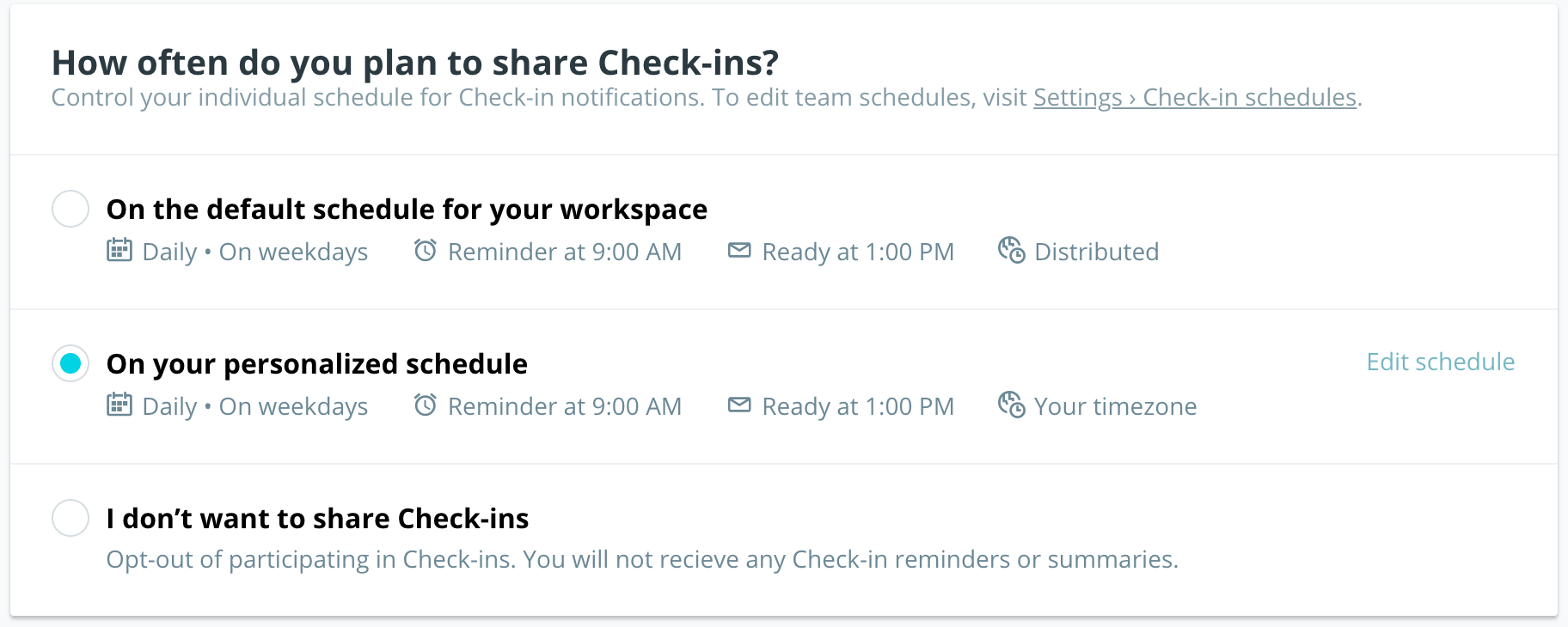 Screenshot of personal Check-ins scheduling interface
