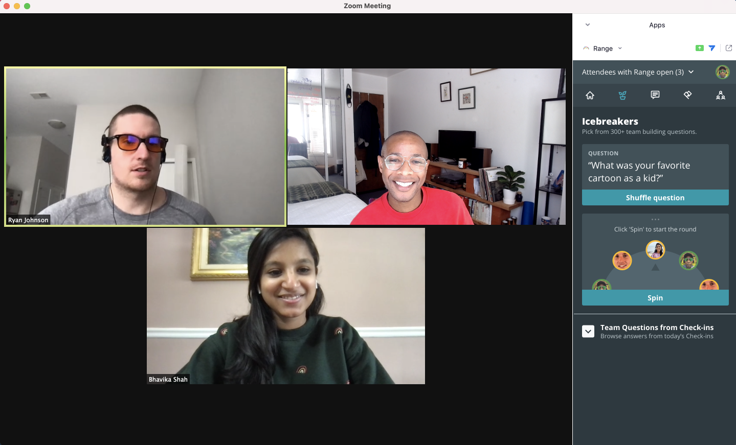 three members of the Range team using the icebreaker spinner during a Zoom meeting