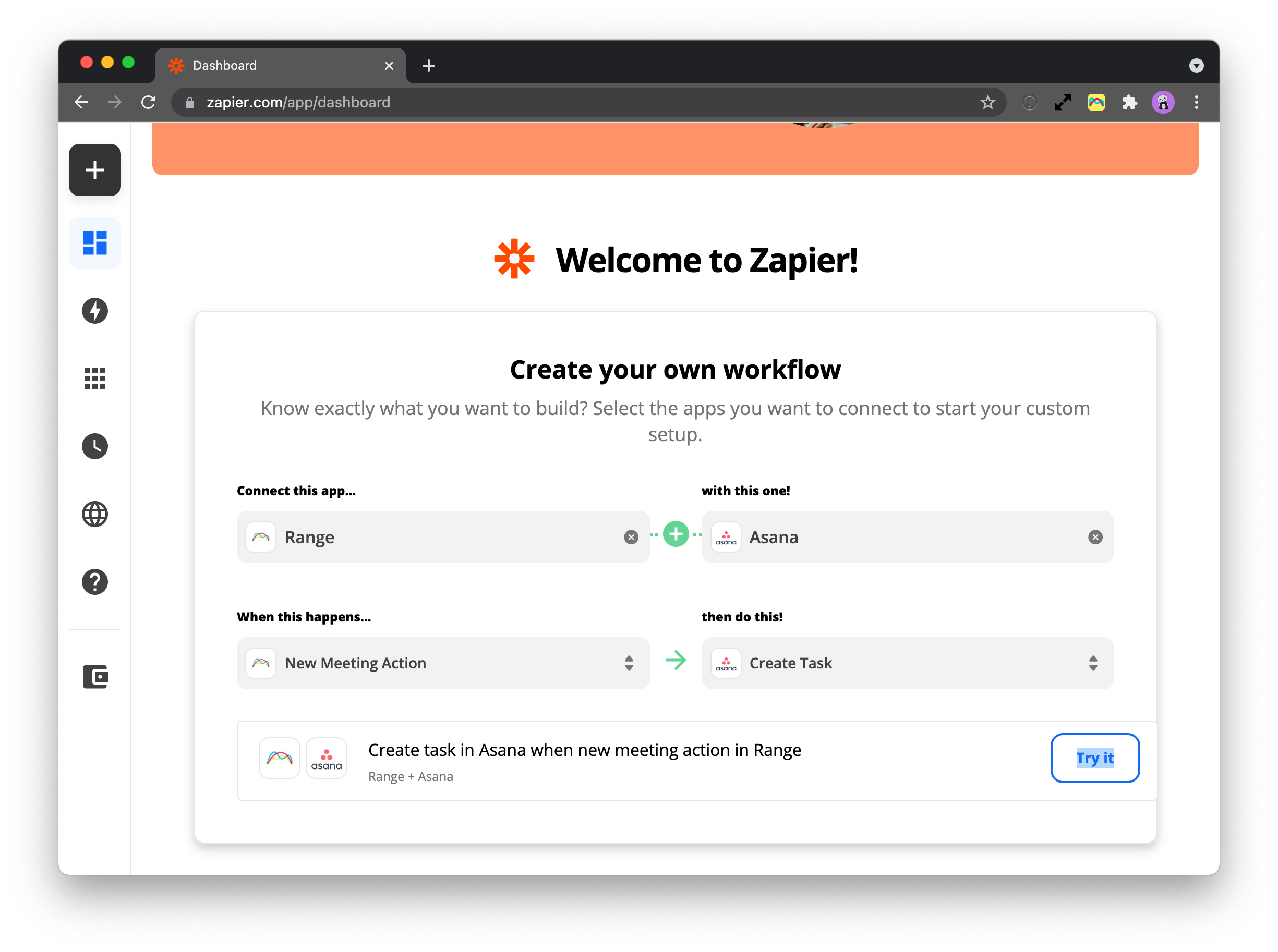 Screenshot of Zapier showing Zap creation for Range and Asana