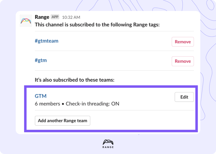 Range team subscription settings in a Slack channel