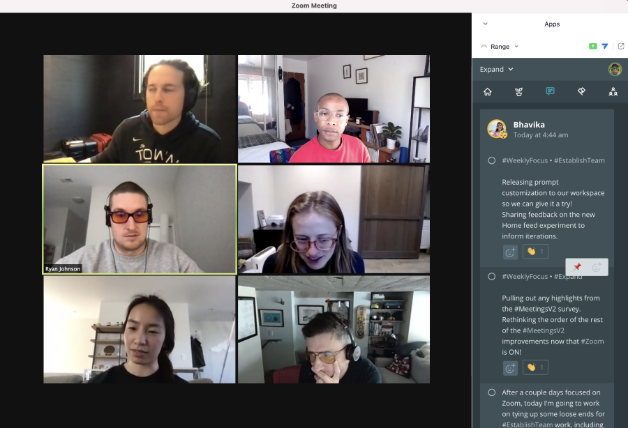 six members of the Range team running a virtual meeting in Zoom with the Range app