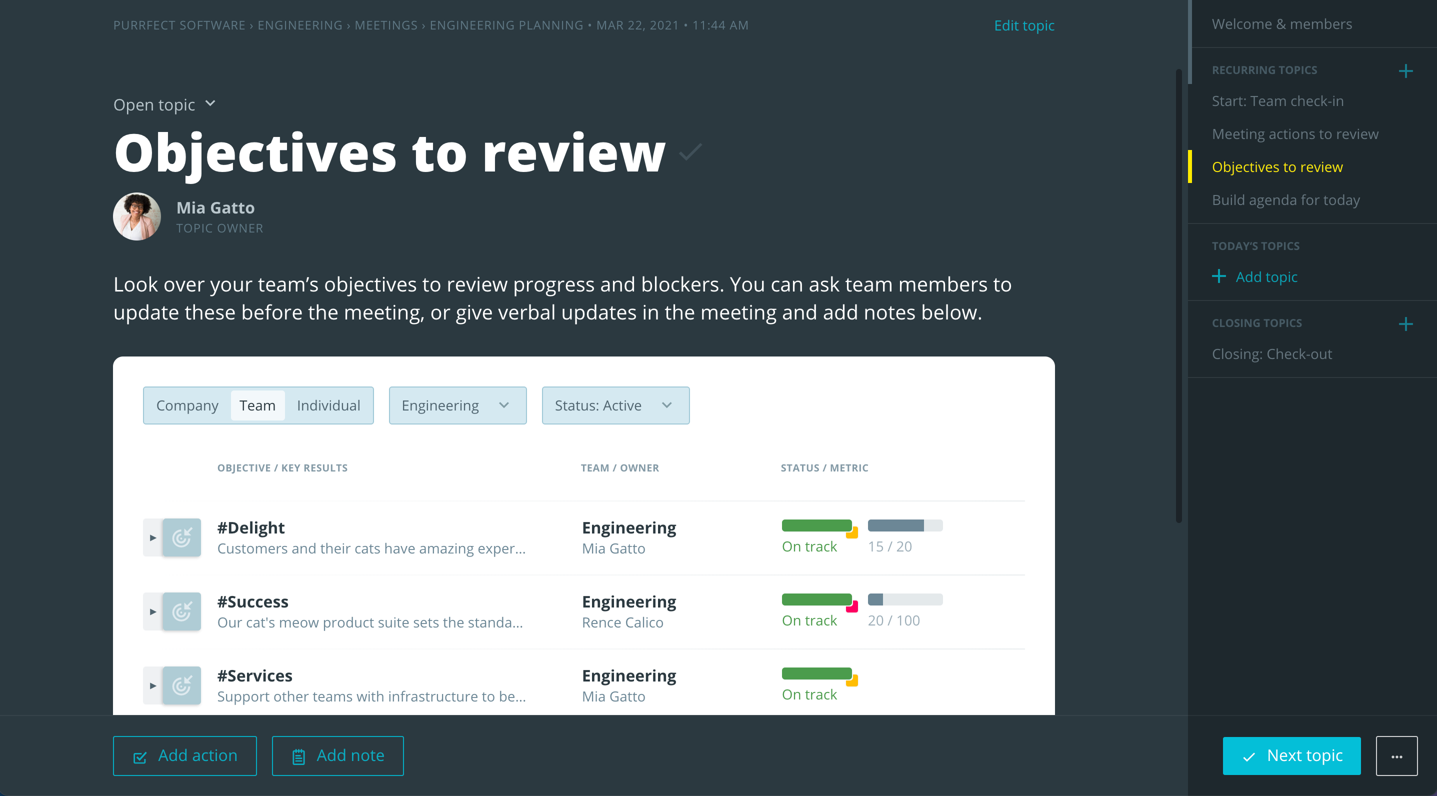Reviewing objectives in a meeting in Range