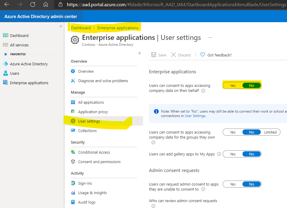 Editing enterprise application settings in Azure Active Directory admin center