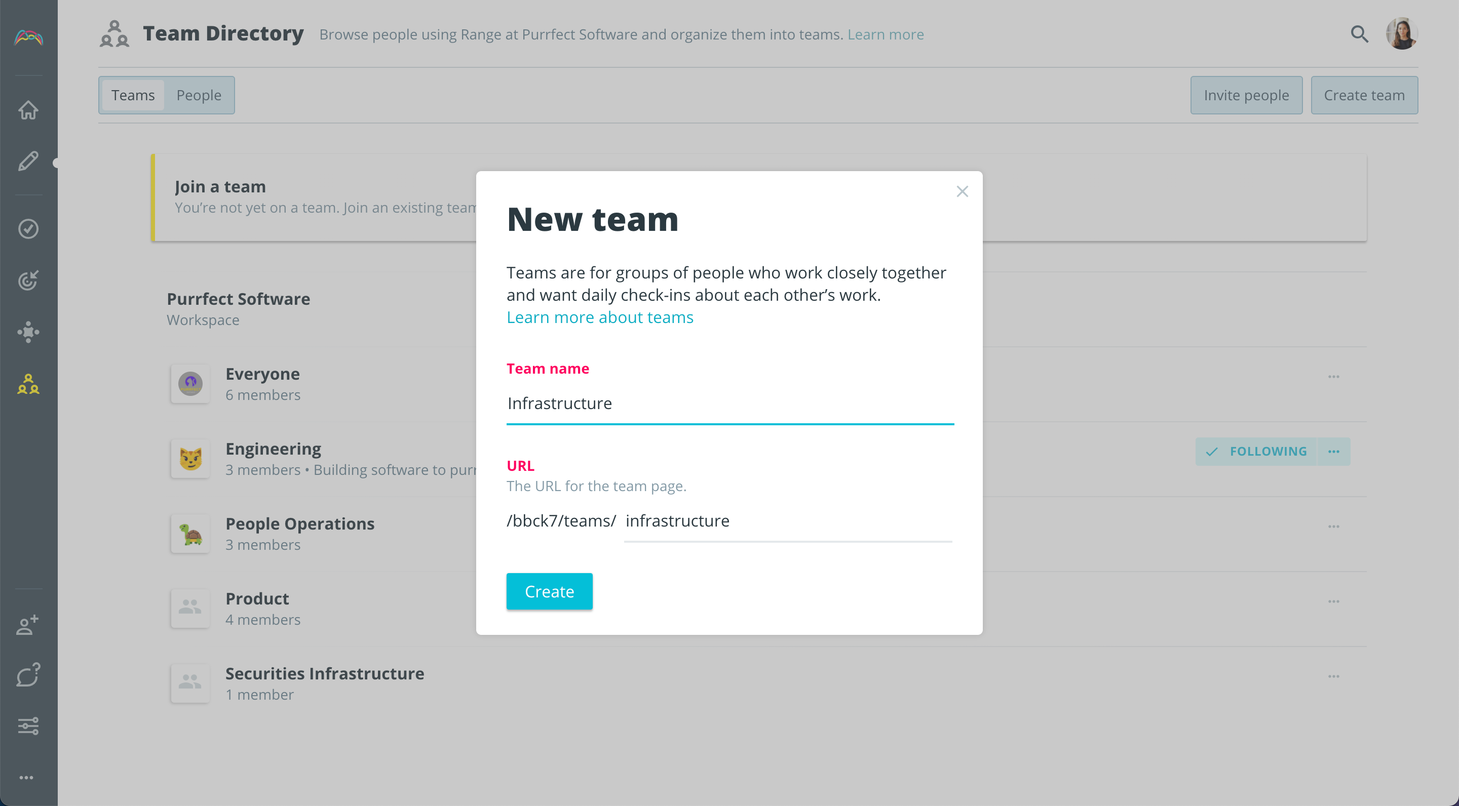 Creating a new team in Range