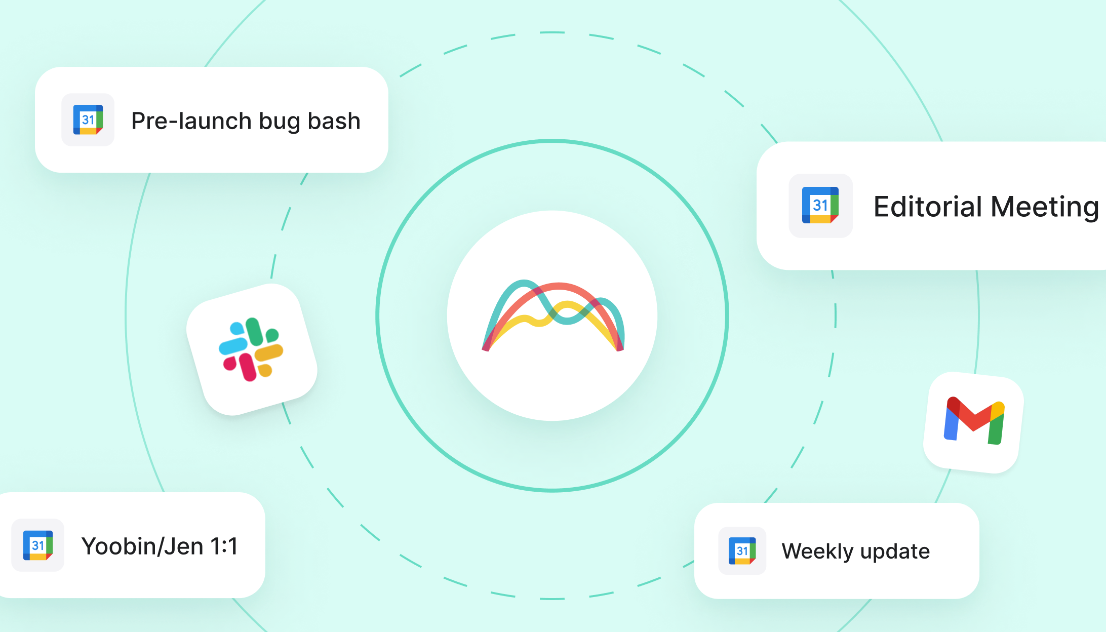 illustration of Range logo with google calendar events and Slack and Gmail logos
