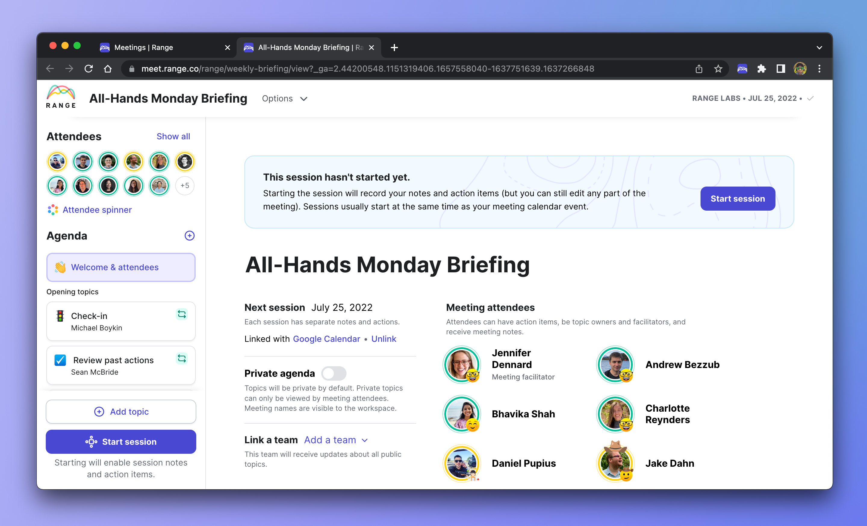 Meetings welcome and members screen