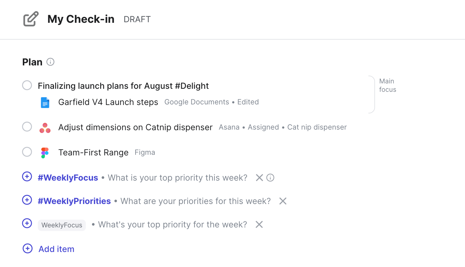 Screenshot of a custom Check-in Prompt