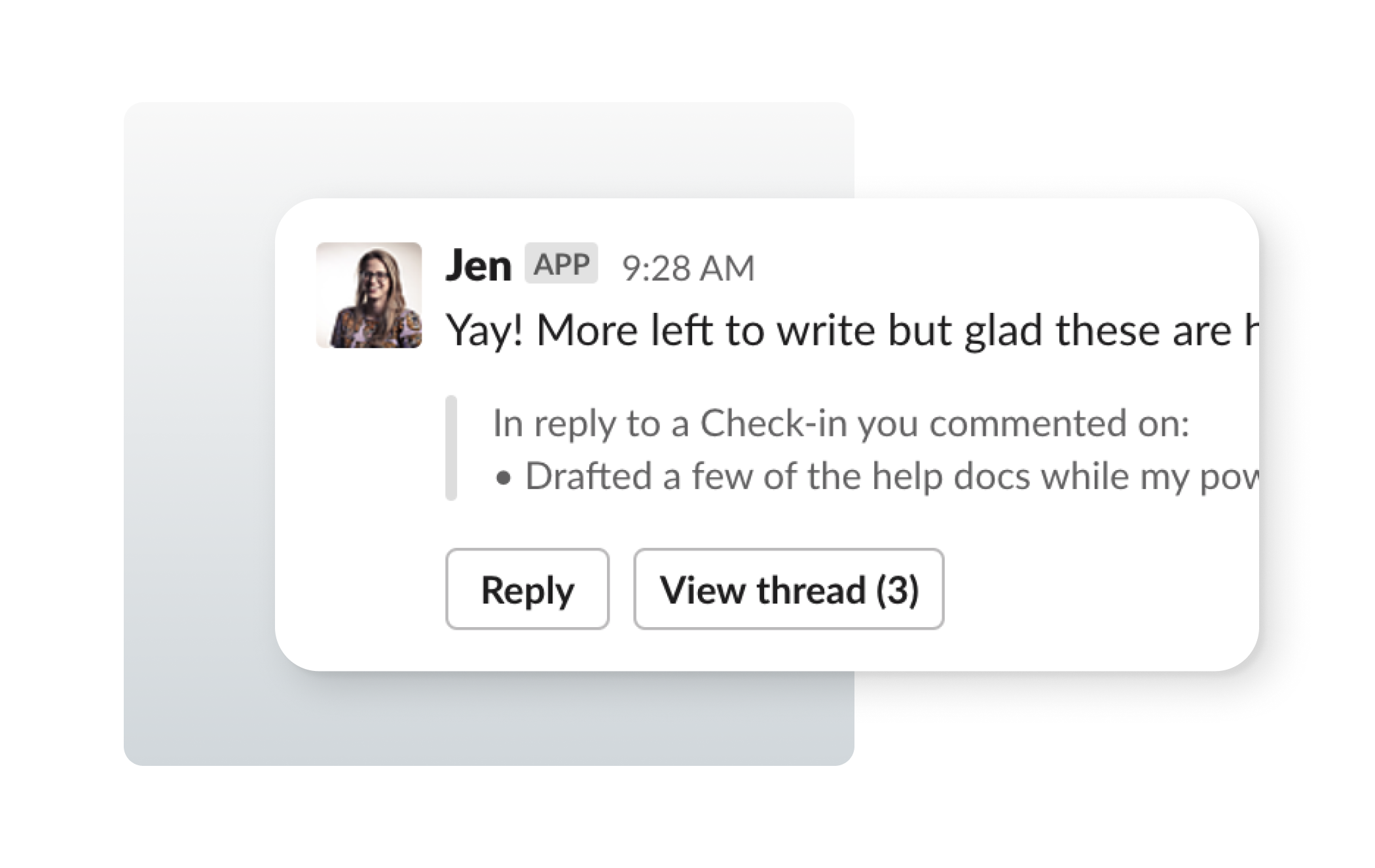 A Slack app "Impersonating" a user. The user profile is shown with an "APP" badge after it.