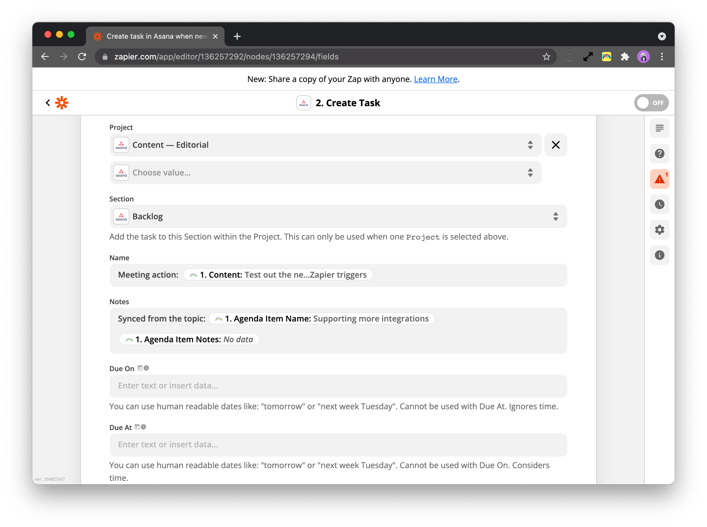 Screenshot of setting up the Asana action in Zapier.