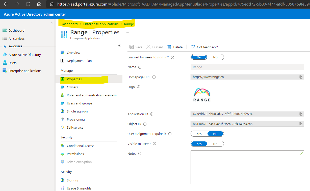 Editing Range app settings in Azure Active Directory admin center