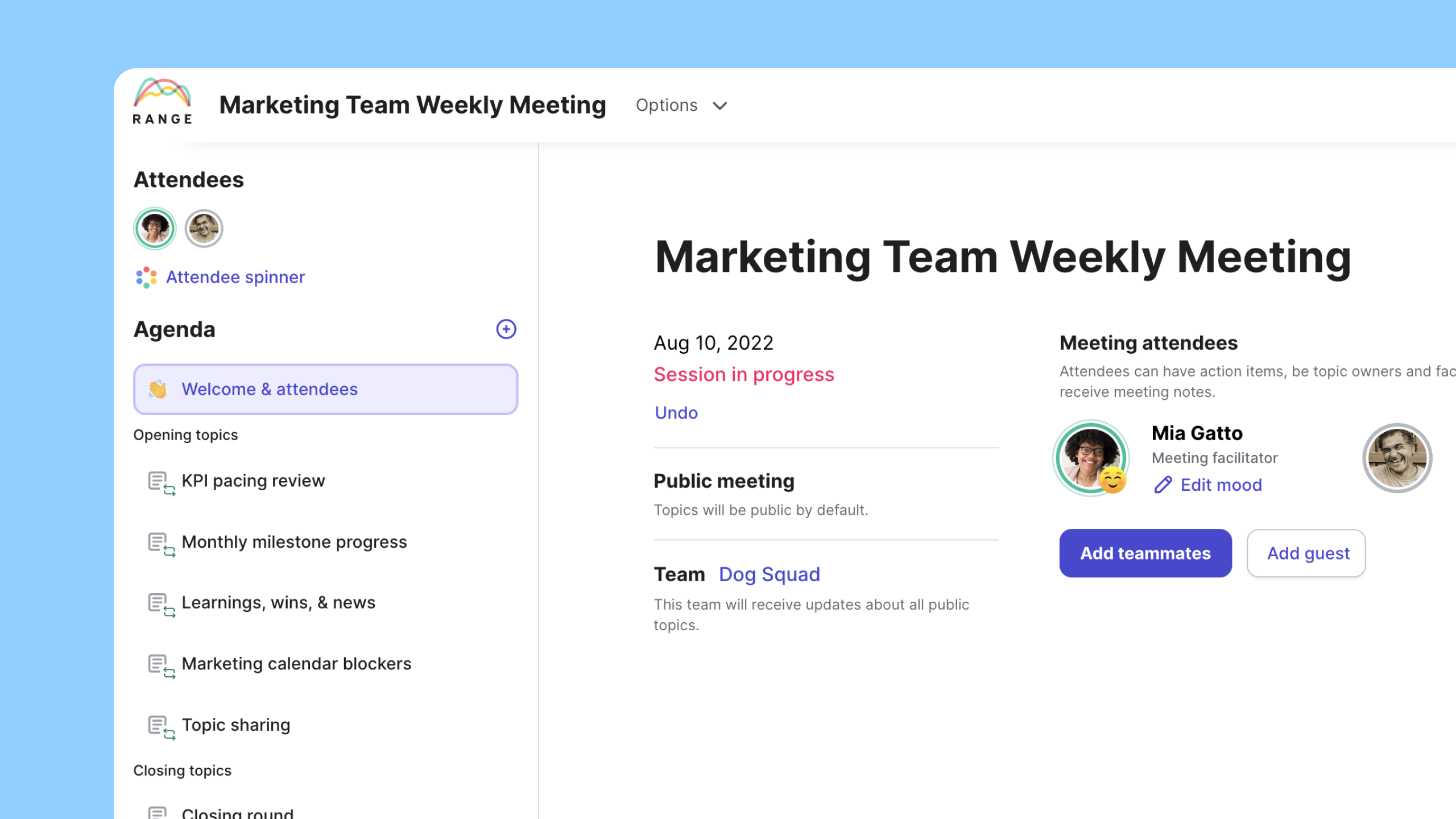 Screenshot of agenda