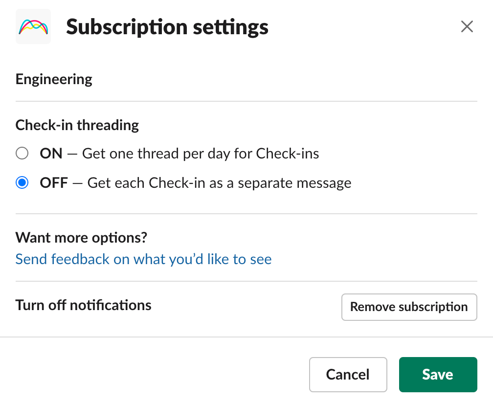 Editing subscription settings in Slack