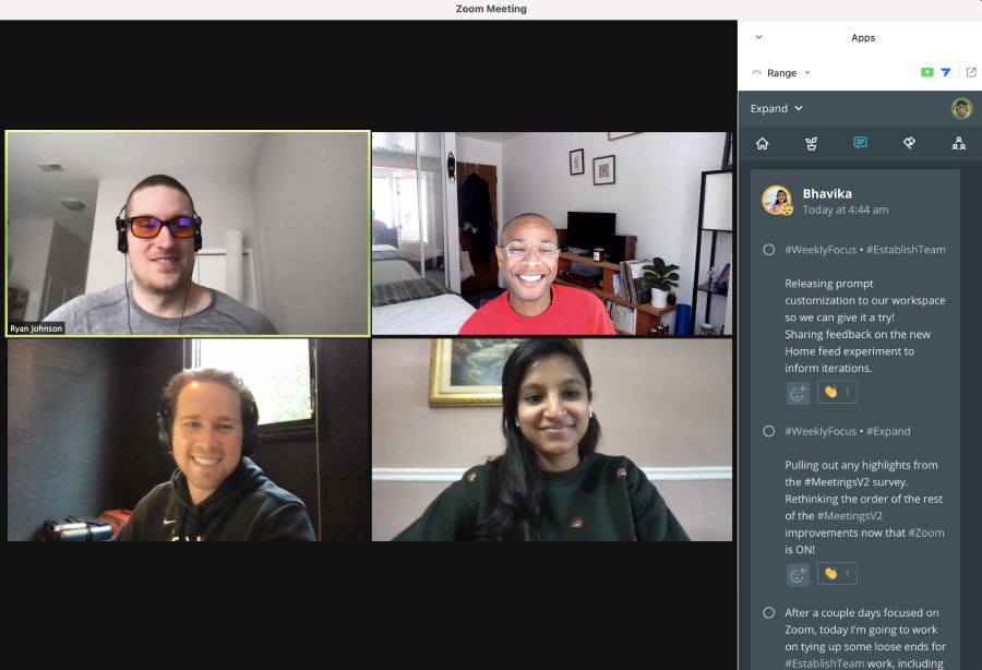 four members of the Range team running a meeting in Zoom using the Range app.