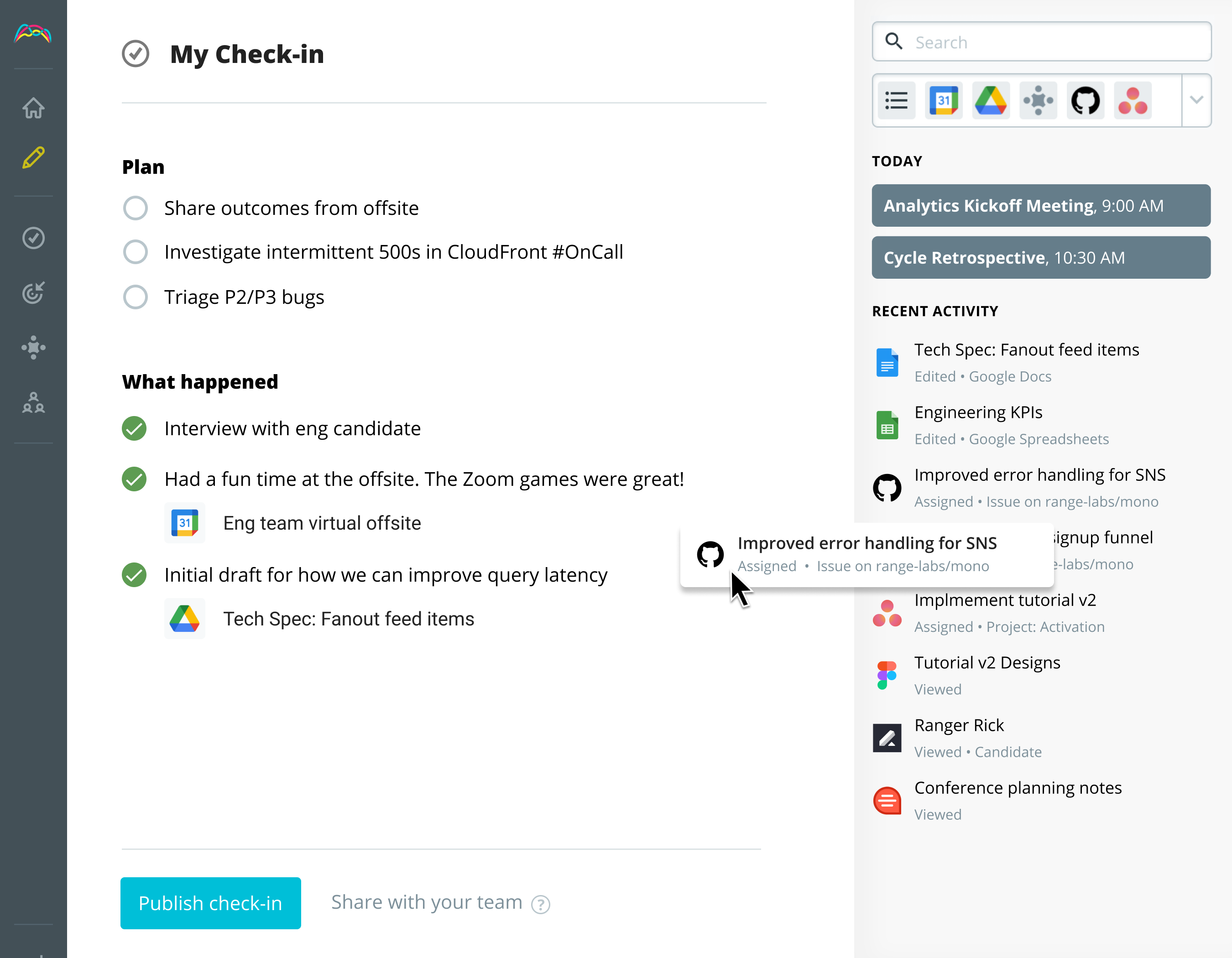 Screenshot of the Range check-in view