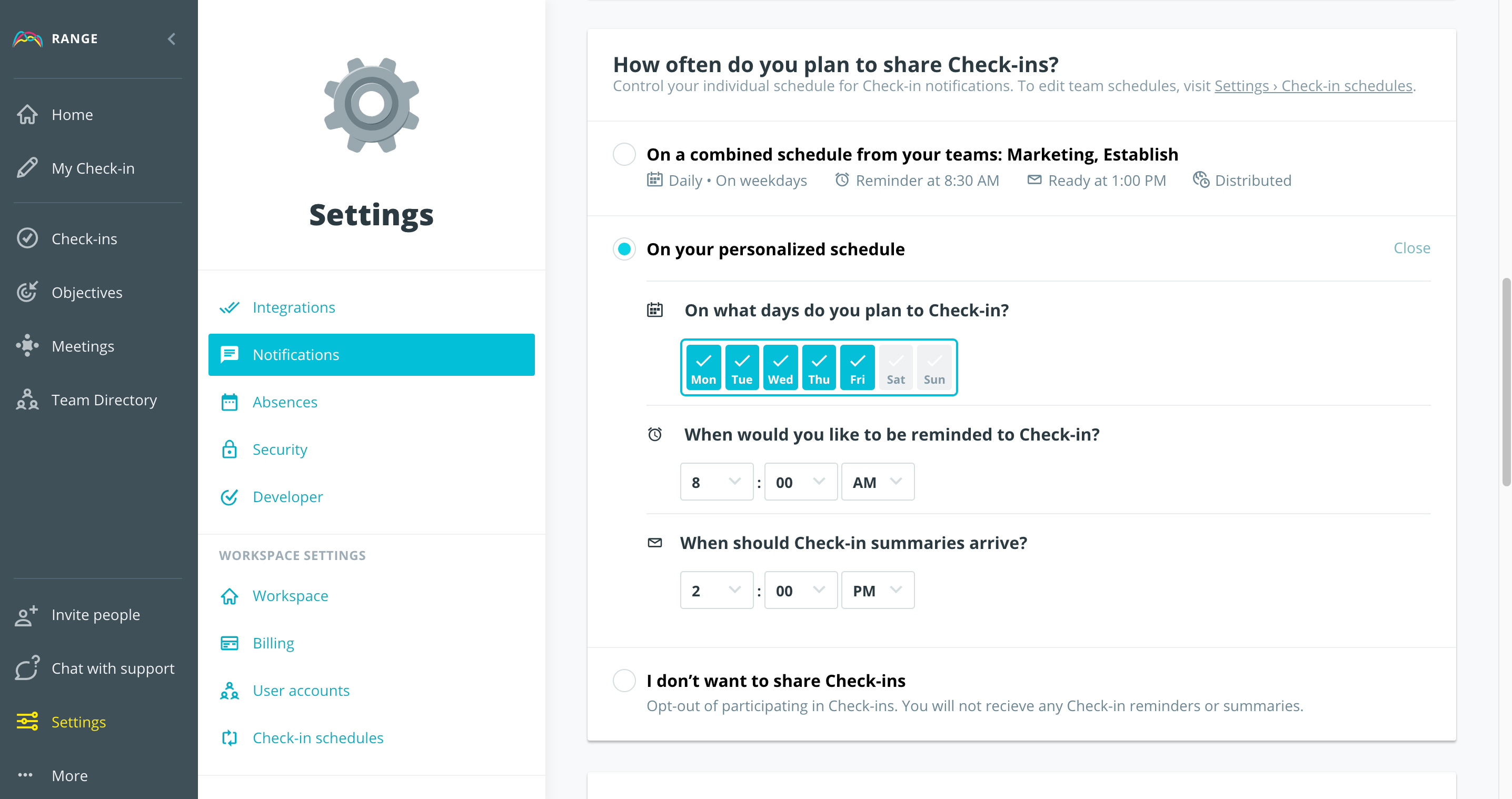 Creating a personalized Check-in Schedule in Range