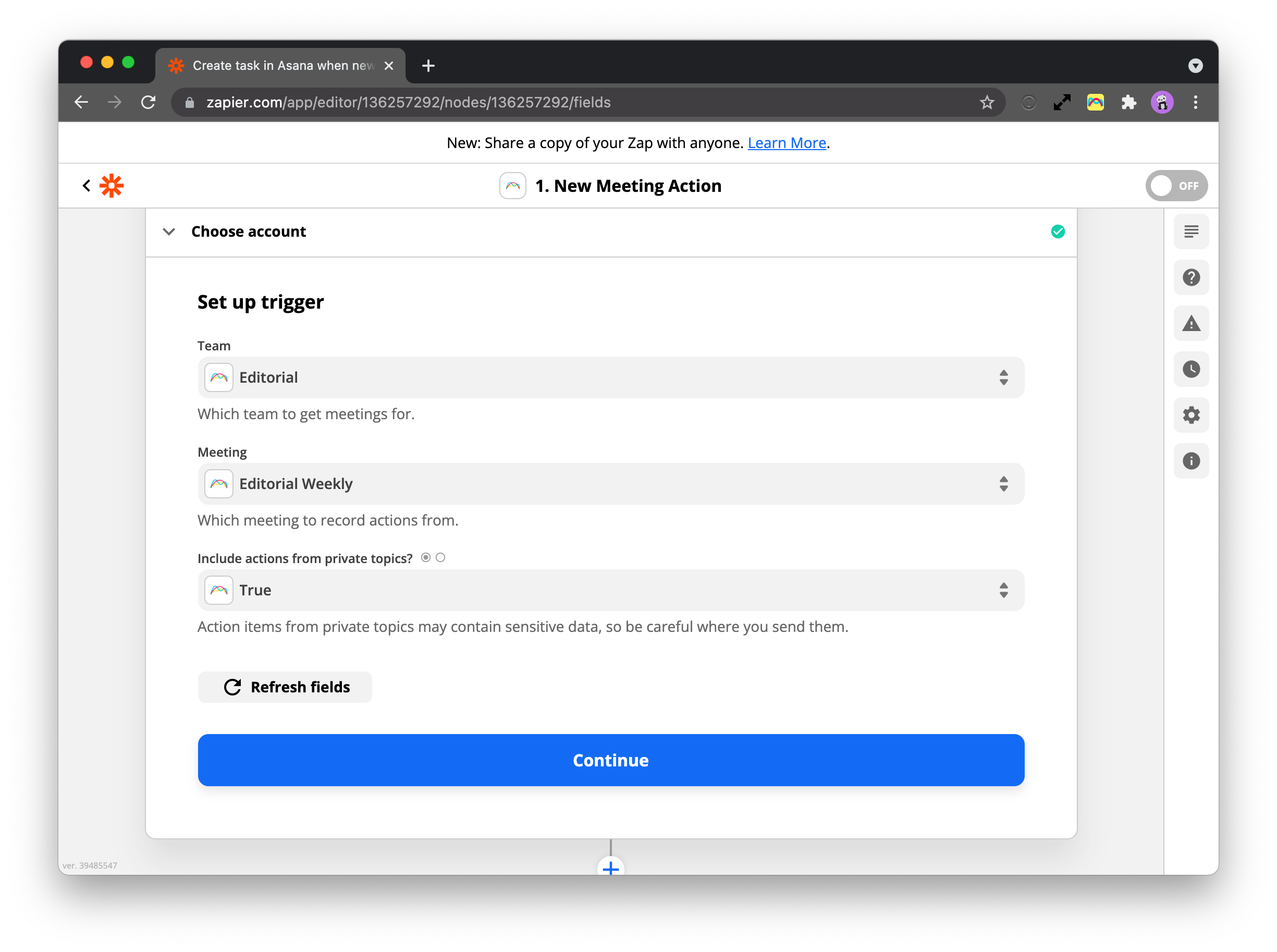Screenshot of the Zapier trigger creation flow