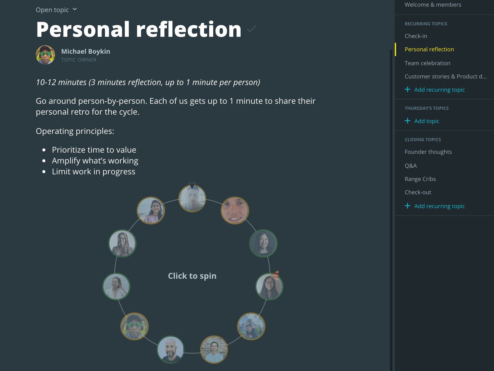 Range's meeting tool with a spinner with all the faces on it