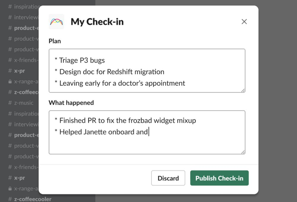 Writing a check in update on slack