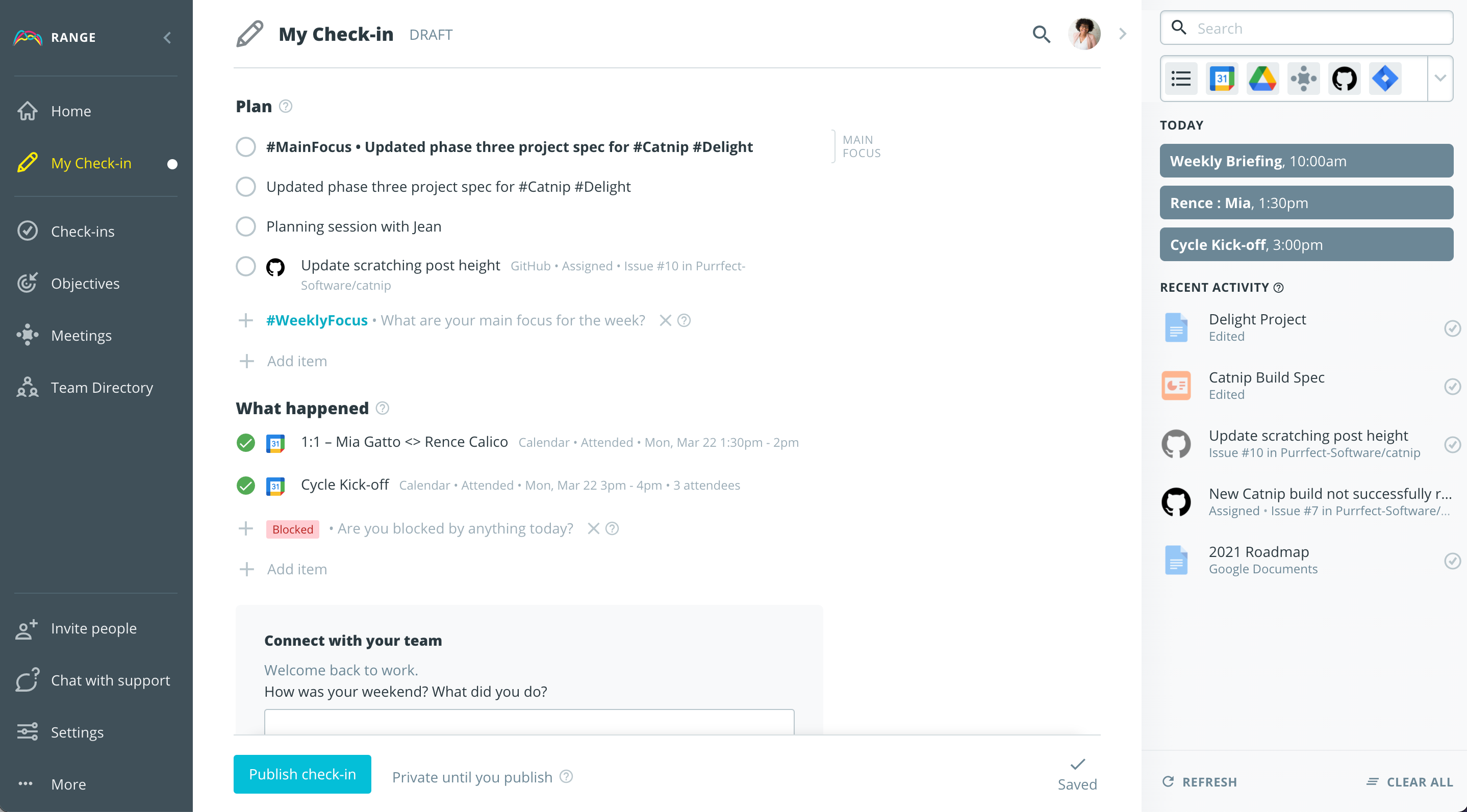 Check-in suggestions from connected integrations