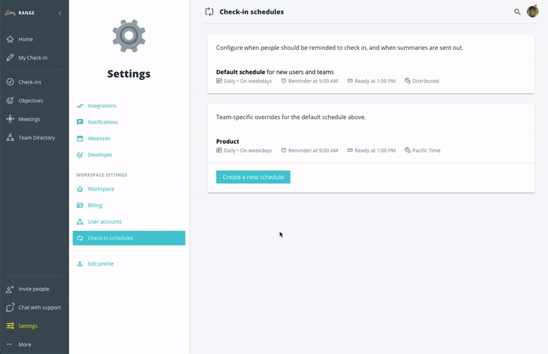 Check-ins team schedule animated gif showing different features